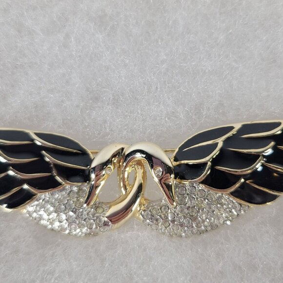Two Swans Wing Classic Elegant Crystal Gold-Tone Enamel & Rhinestones Brooch Pin - Picture 2 of 5